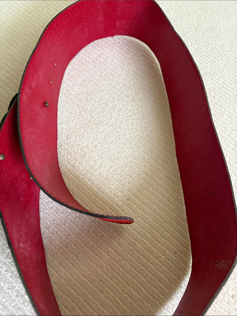 Bold Red Leather Croc Design Waist Belt with Antique Gold Triple Disc Buckle